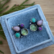 Load image into Gallery viewer, Peridot, Pink Opal, Turquoise, &amp; Purple Copper Turquoise Cluster Stud Earrings