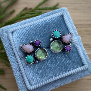 Peridot, Pink Opal, Turquoise, & Purple Copper Turquoise Cluster Stud Earrings