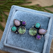 Load image into Gallery viewer, Peridot, Pink Opal, Turquoise, &amp; Purple Copper Turquoise Cluster Stud Earrings