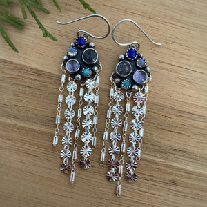 Labradorite, Lapis, Moonstone, Amethyst, & Amazonite Cluster Fringe Earrings