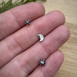 (Set of 3) 3D Moon & Stars Stud Earrings Set {B}