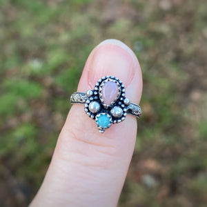 Pink Opal & Amazonite Ornate Ring / Size 4