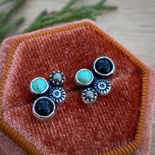 Load image into Gallery viewer, Turquoise, Onyx, &amp; Pyrite Cluster Stud Earrings