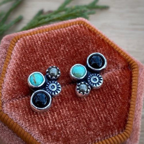 Turquoise, Onyx, & Pyrite Cluster Stud Earrings