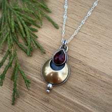 Load image into Gallery viewer, Garnet Teardrop Mixed Metal Moon Necklace / 18”