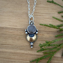 Load image into Gallery viewer, Black Sapphire Mixed Metal Moon Necklace / 18”