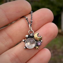 Load image into Gallery viewer, Morganite &amp; Pink Sapphire Mixed Metal Moon Necklace / 18”