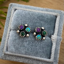 Load image into Gallery viewer, Sleeping Beauty Turquoise, Purple Copper Turquoise, &amp; Malachite Cluster Stud Earrings