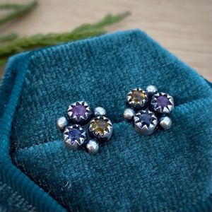 Pink Sapphire, Iolite, & Citrine Cluster Stud Earrings