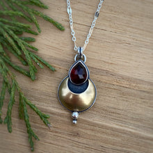 Load image into Gallery viewer, Garnet Teardrop Mixed Metal Moon Necklace / 18”