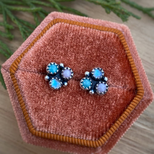 Moonstone, Amazonite, & Pink Opal Cluster Stud Earrings