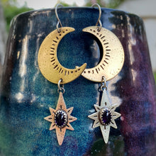 Load image into Gallery viewer, Amethyst Moon &amp; Stars Dangle Earrings