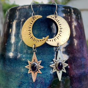 Amethyst Moon & Stars Dangle Earrings