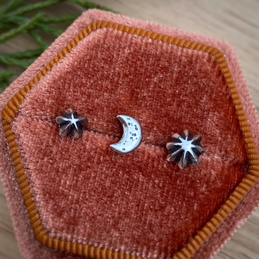 (Set of 3) 3D Moon & Stars Stud Earrings Set {B}