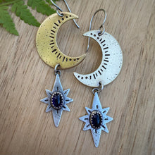 Load image into Gallery viewer, Amethyst Moon &amp; Stars Dangle Earrings