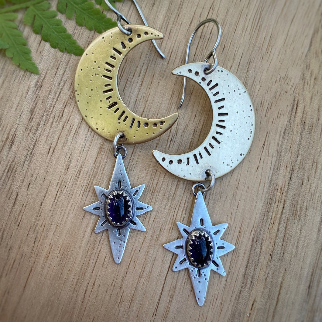 Amethyst Moon & Stars Dangle Earrings