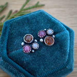 Sunstone, Ruby, & Peach Moonstone Cluster Stud Earrings