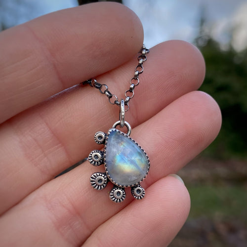 Rainbow Moonstone Asymmetrical Teardrop Necklace / 20”