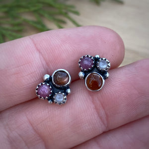 Sunstone, Ruby, & Peach Moonstone Cluster Stud Earrings