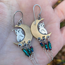 Load image into Gallery viewer, Mixed Metal Moon Cat Fringe Earrings