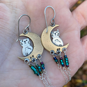 Mixed Metal Moon Cat Fringe Earrings