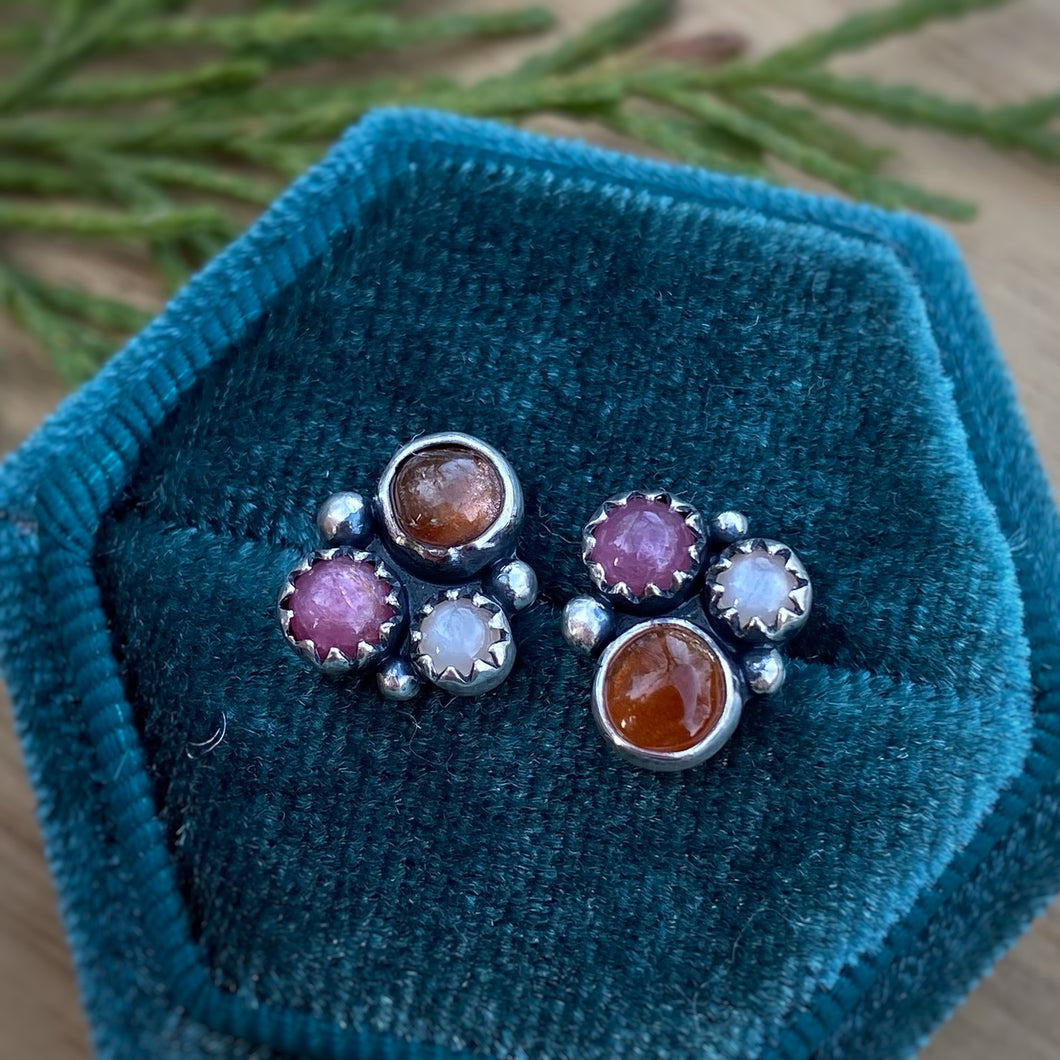 Sunstone, Ruby, & Peach Moonstone Cluster Stud Earrings