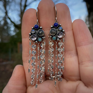 Labradorite, Lapis, Moonstone, Amethyst, & Amazonite Cluster Fringe Earrings