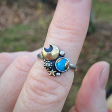 Load image into Gallery viewer, Copper Turquoise &amp; Pyrite Mixed Metal Moon Cluster Ring / Size 7.5