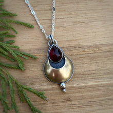 Load image into Gallery viewer, Garnet Teardrop Mixed Metal Moon Necklace / 18”