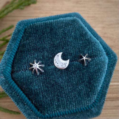 (Set of 3) 3D Moon & Stars Stud Earrings Set {A}