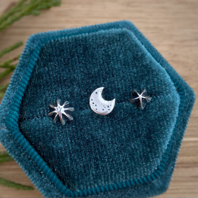 (Set of 3) 3D Moon & Stars Stud Earrings Set {A}