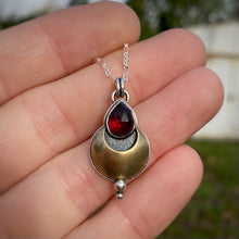 Load image into Gallery viewer, Garnet Teardrop Mixed Metal Moon Necklace / 18”