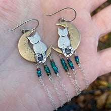 Load image into Gallery viewer, Mixed Metal Moon Cat Fringe Earrings