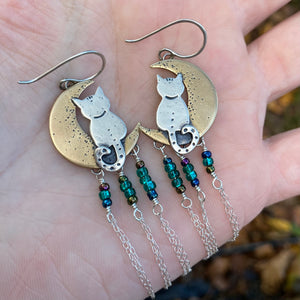 Mixed Metal Moon Cat Fringe Earrings