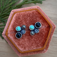 Load image into Gallery viewer, Turquoise, Onyx, &amp; Pyrite Cluster Stud Earrings