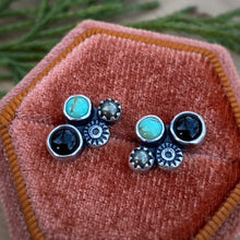 Load image into Gallery viewer, Turquoise, Onyx, &amp; Pyrite Cluster Stud Earrings