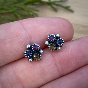 Pink Sapphire, Iolite, & Citrine Cluster Stud Earrings