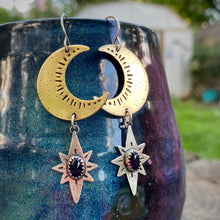 Load image into Gallery viewer, Amethyst Moon &amp; Stars Dangle Earrings