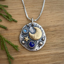 Load image into Gallery viewer, Lapiz Lazuli &amp; Moonstone Mixed Metal Pebble Necklace / 20”