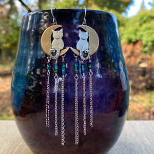 Mixed Metal Moon Cat Fringe Earrings