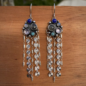 Labradorite, Lapis, Moonstone, Amethyst, & Amazonite Cluster Fringe Earrings