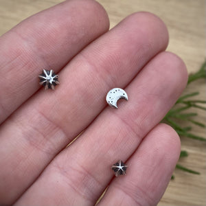 (Set of 3) 3D Moon & Stars Stud Earrings Set {A}