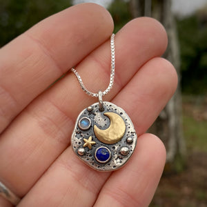 Lapiz Lazuli & Moonstone Mixed Metal Pebble Necklace / 20”