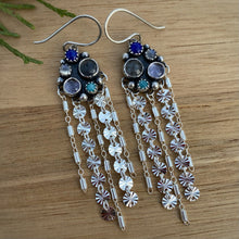 Load image into Gallery viewer, Labradorite, Lapis, Moonstone, Amethyst, &amp; Amazonite Cluster Fringe Earrings