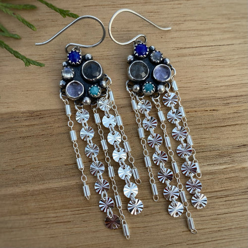 Labradorite, Lapis, Moonstone, Amethyst, & Amazonite Cluster Fringe Earrings