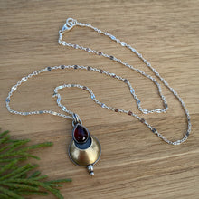 Load image into Gallery viewer, Garnet Teardrop Mixed Metal Moon Necklace / 18”