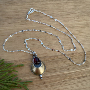 Garnet Teardrop Mixed Metal Moon Necklace / 18”