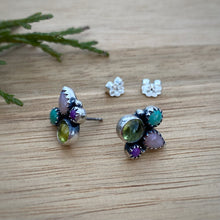 Load image into Gallery viewer, Peridot, Pink Opal, Turquoise, &amp; Purple Copper Turquoise Cluster Stud Earrings