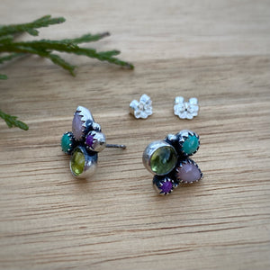 Peridot, Pink Opal, Turquoise, & Purple Copper Turquoise Cluster Stud Earrings