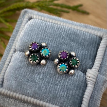 Load image into Gallery viewer, Sleeping Beauty Turquoise, Purple Copper Turquoise, &amp; Malachite Cluster Stud Earrings